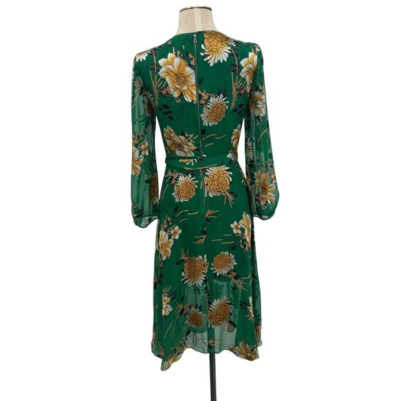 Alice + Olivia Coco Dress Floral Print Long Sleeve Silk Green Size US 2 - Picture 9 of 16